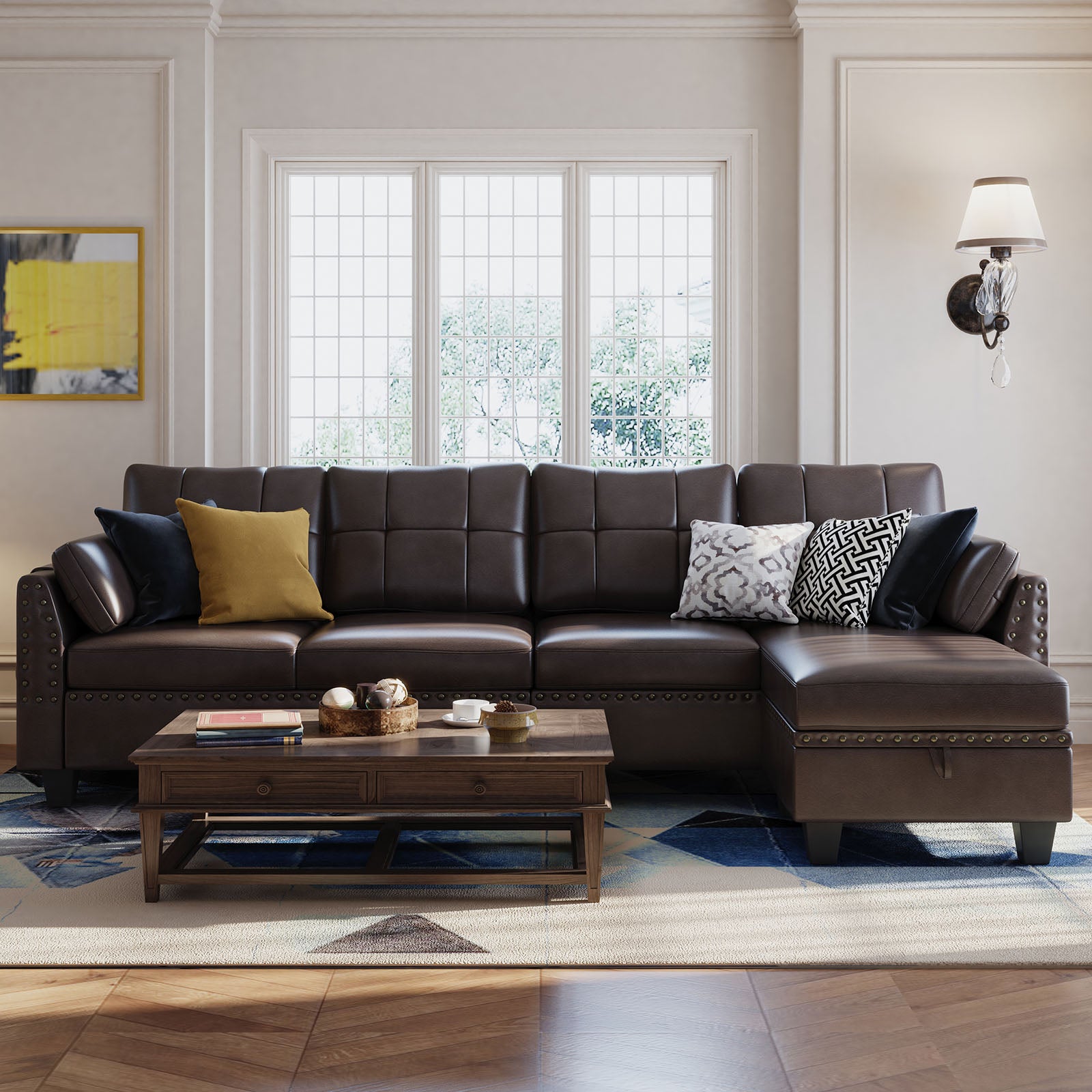 HONBAY Brown Faux Leather Flexible Combination Sofa