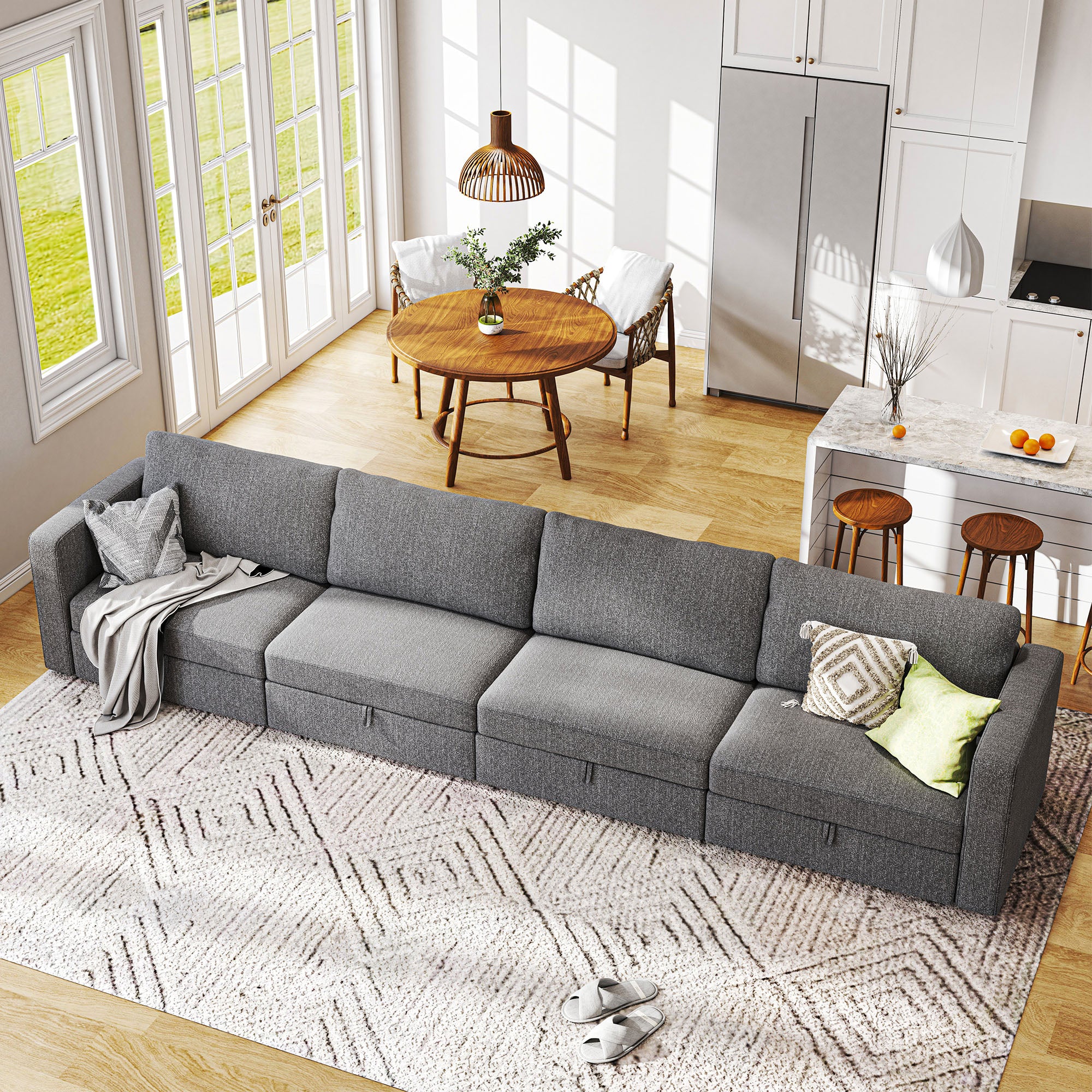 HONBAY Linen Grey Polyester Luxurious 4 Seaters Modular Sectional Sofa for Living Room