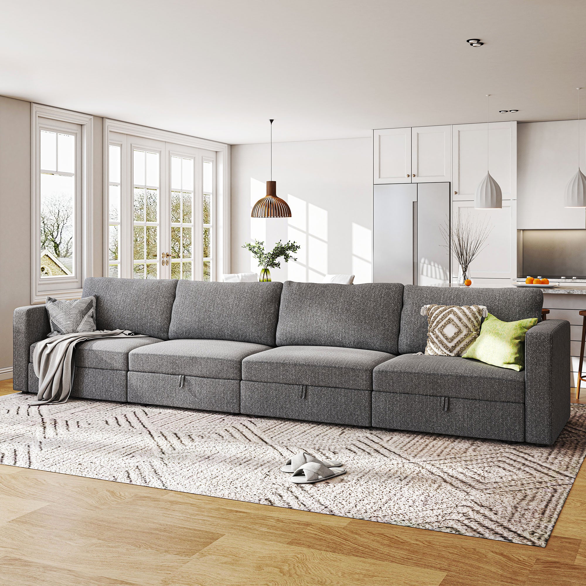 HONBAY Linen Grey Fabric Premium 4 Seaters Storage Modular Sectional Sofa for Living Room