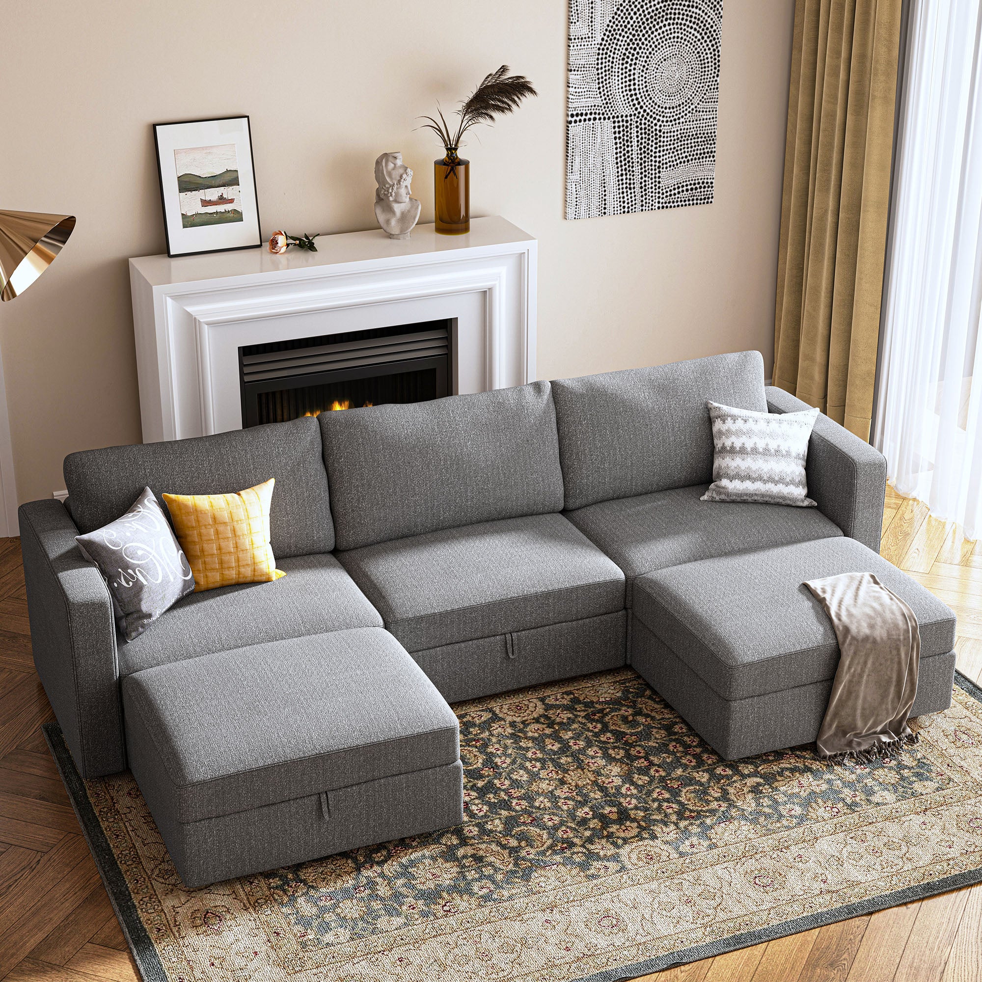 HONBAY Linen Grey Luxurious U-shaped Modular Sofa for Living Room