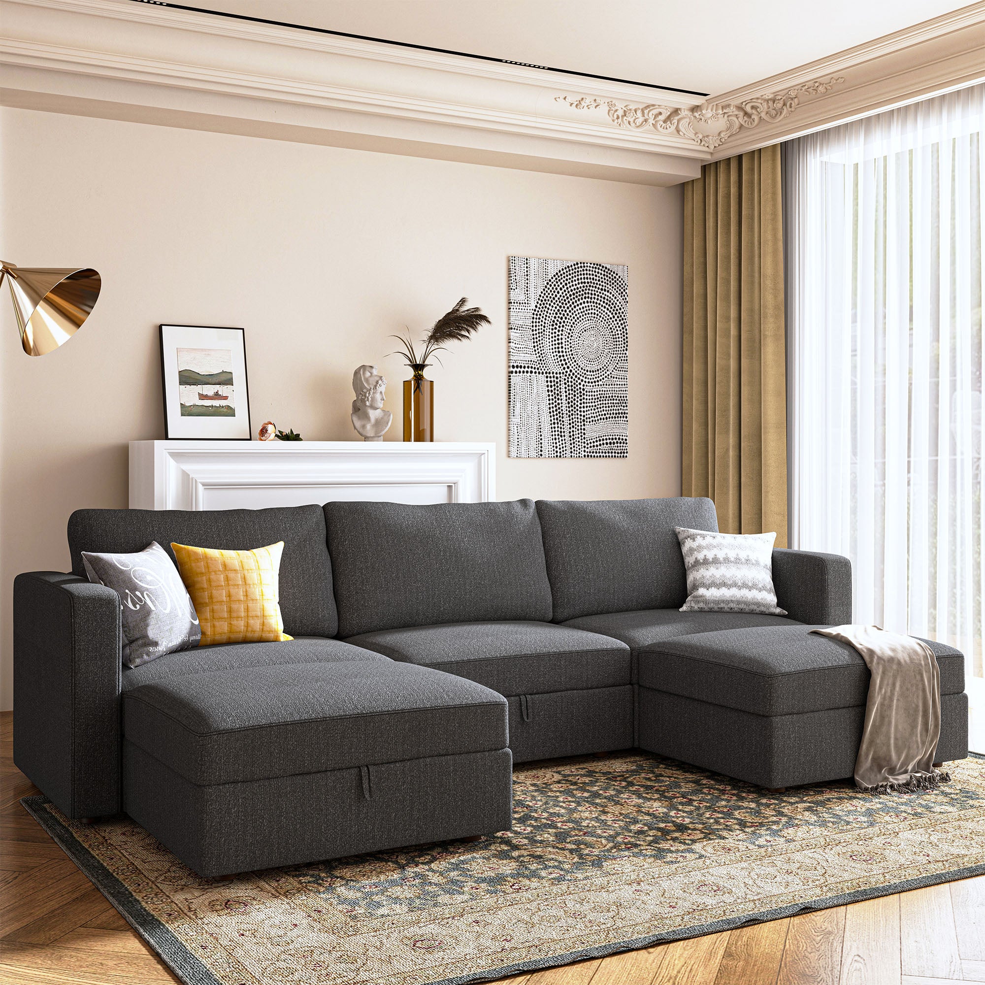 HONBAY Dark Grey Polyester Spacious 3 Seaters U-shaped Modular Sofa for Living Room