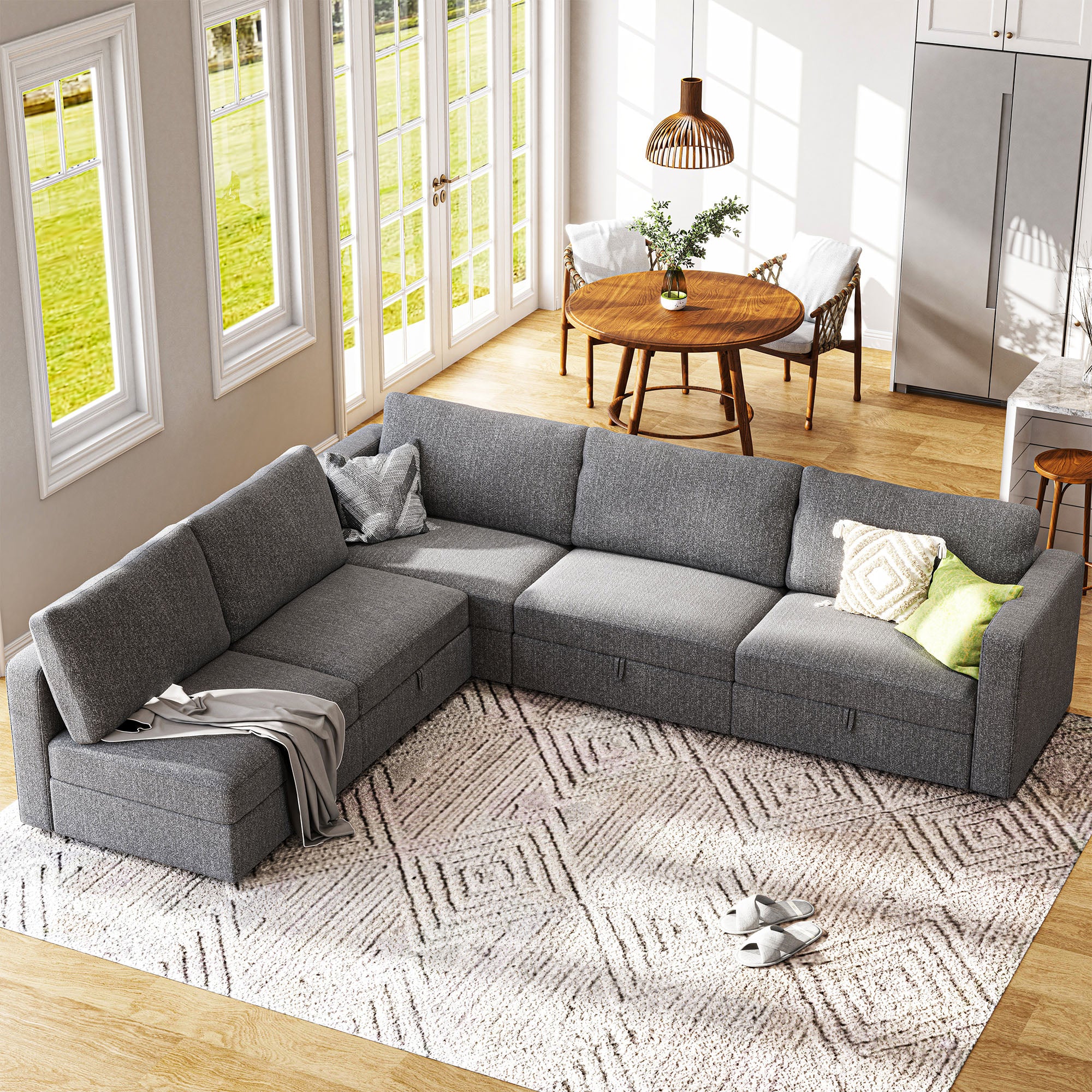 HONBAY Fabric Premium L-shaped Storage Seat Modular Sofa Couch for Living Room