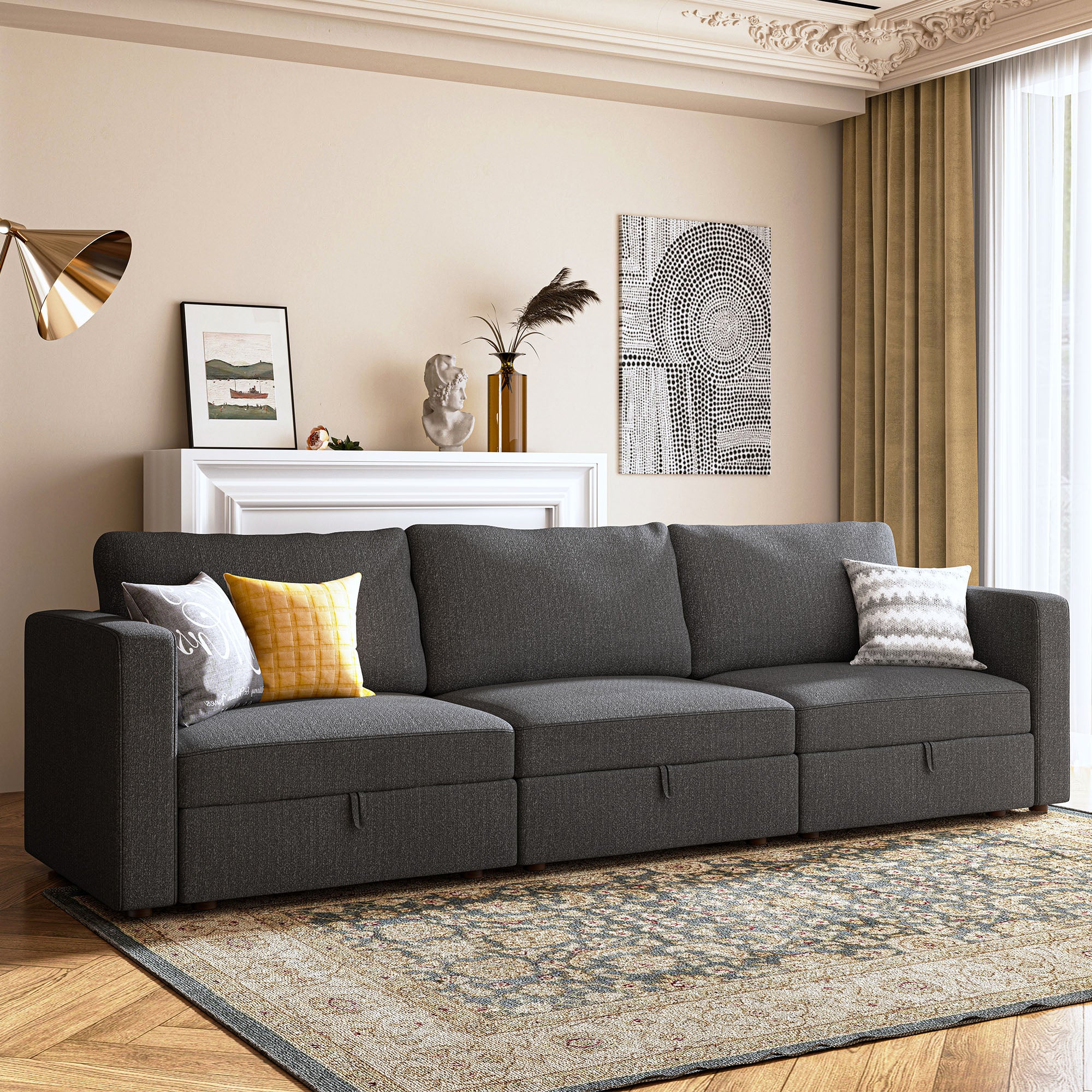 HONBAY Polyester Spacious 3 Seaters Customized Modular Sofa Couch with Storage Space for Living Room