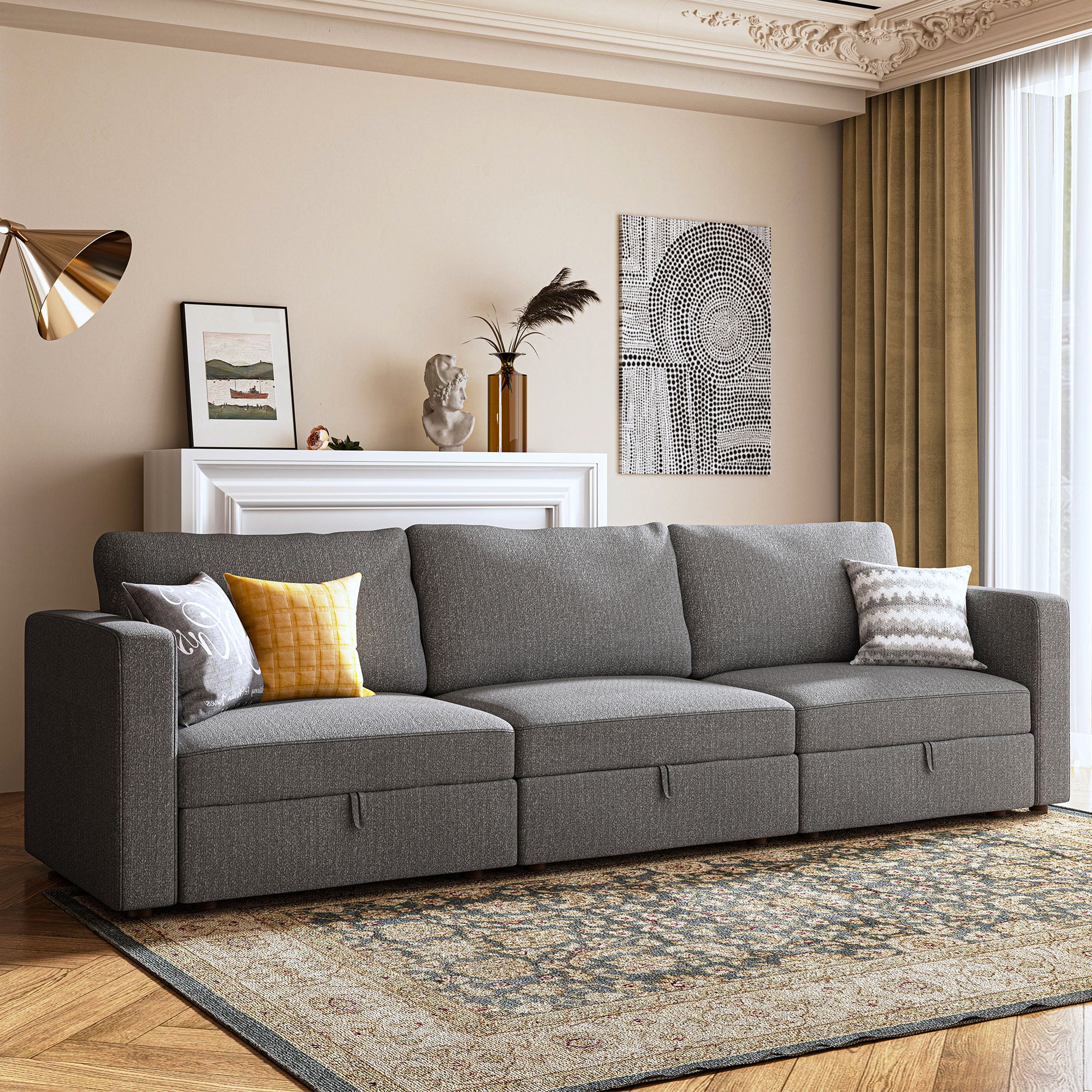 HONBAY Polyester Linen Grey 3 Seaters Modular Sofa Couch with Storage Space