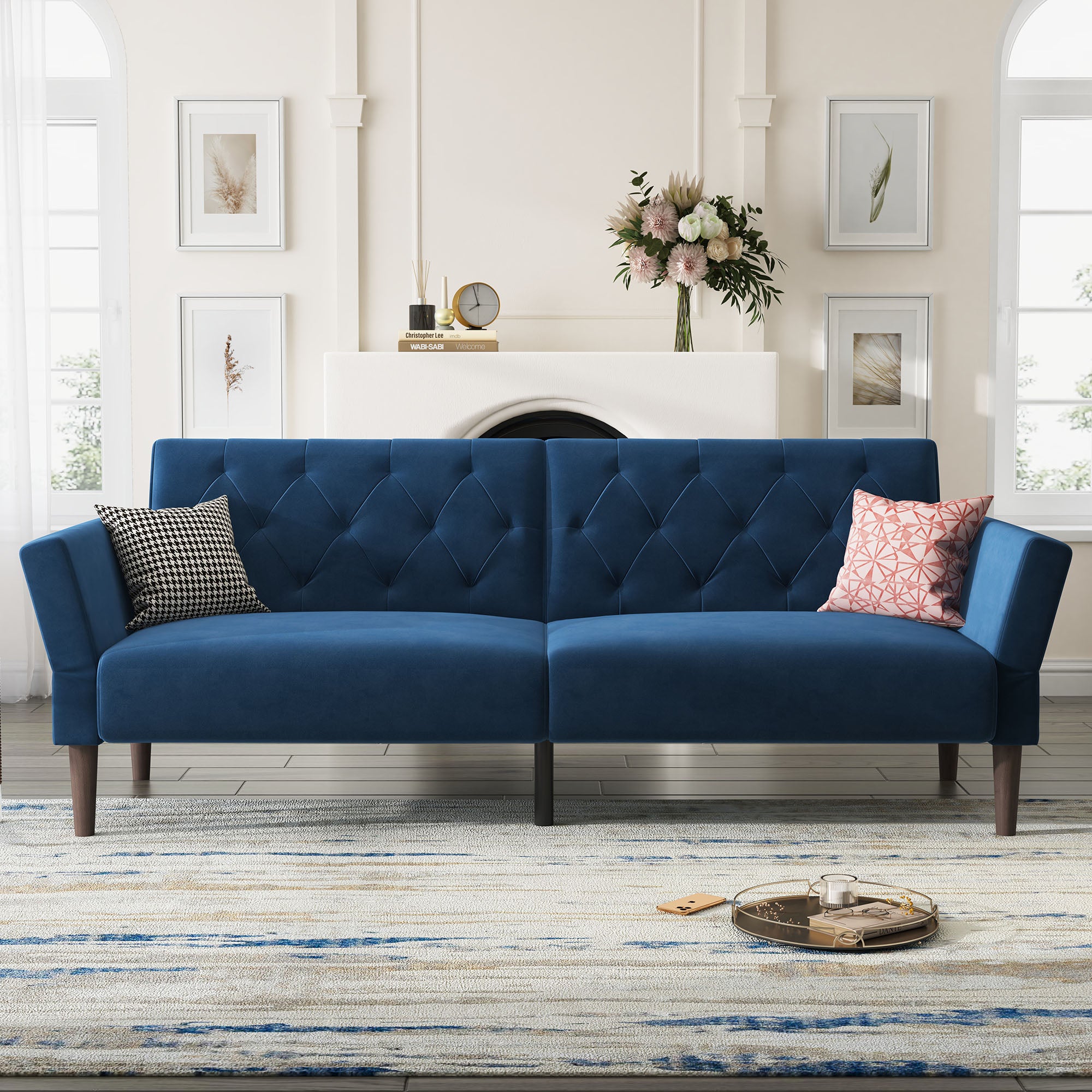 HONBAY Dark Blue Velvet Convertible Futon Sofa Bed with Diamond Tufted Back and Adjustable Armrests
