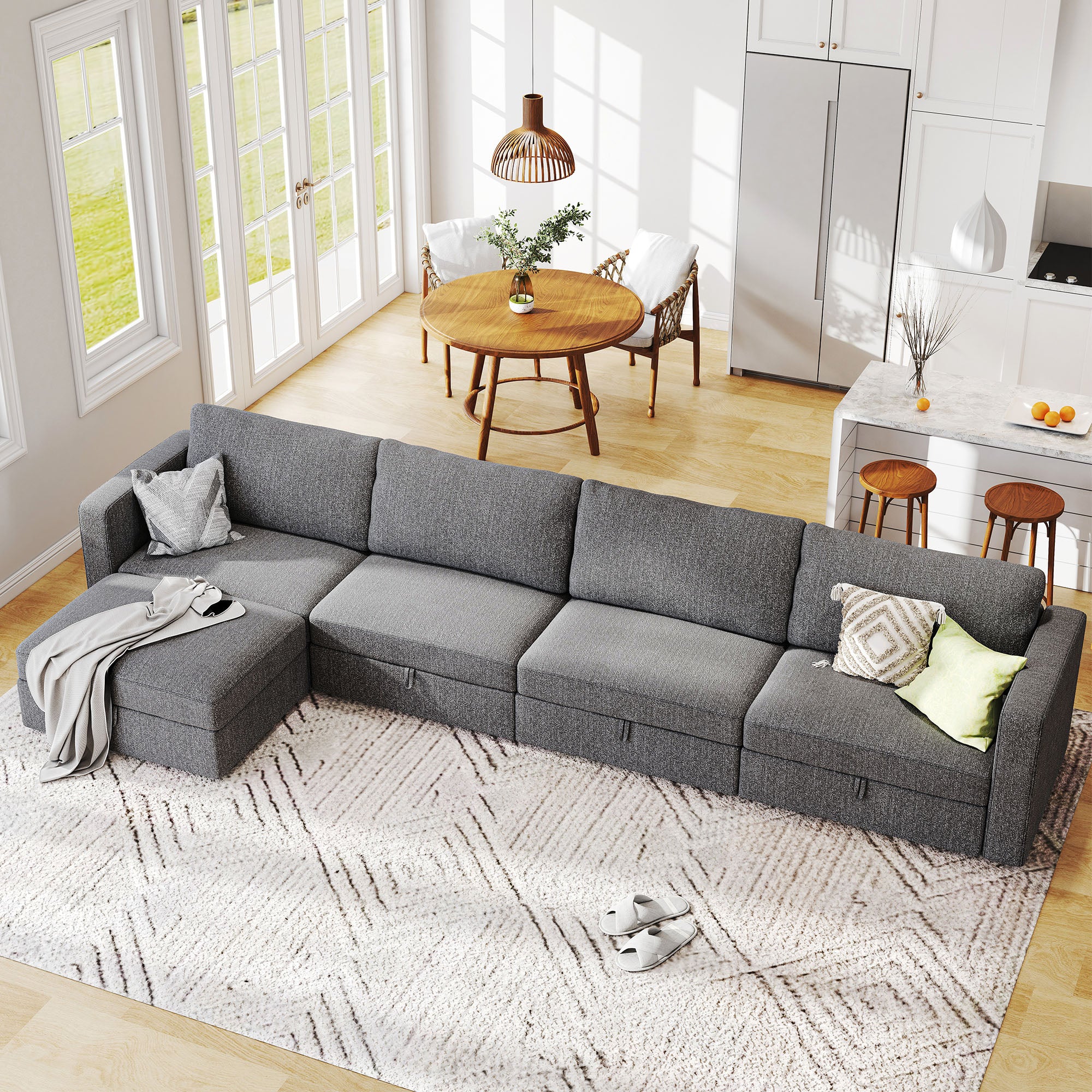 HONBAY Linen Grey Fabric Premuim 4 Seaters Modular Sectional Sofa with Convertible Chaise
