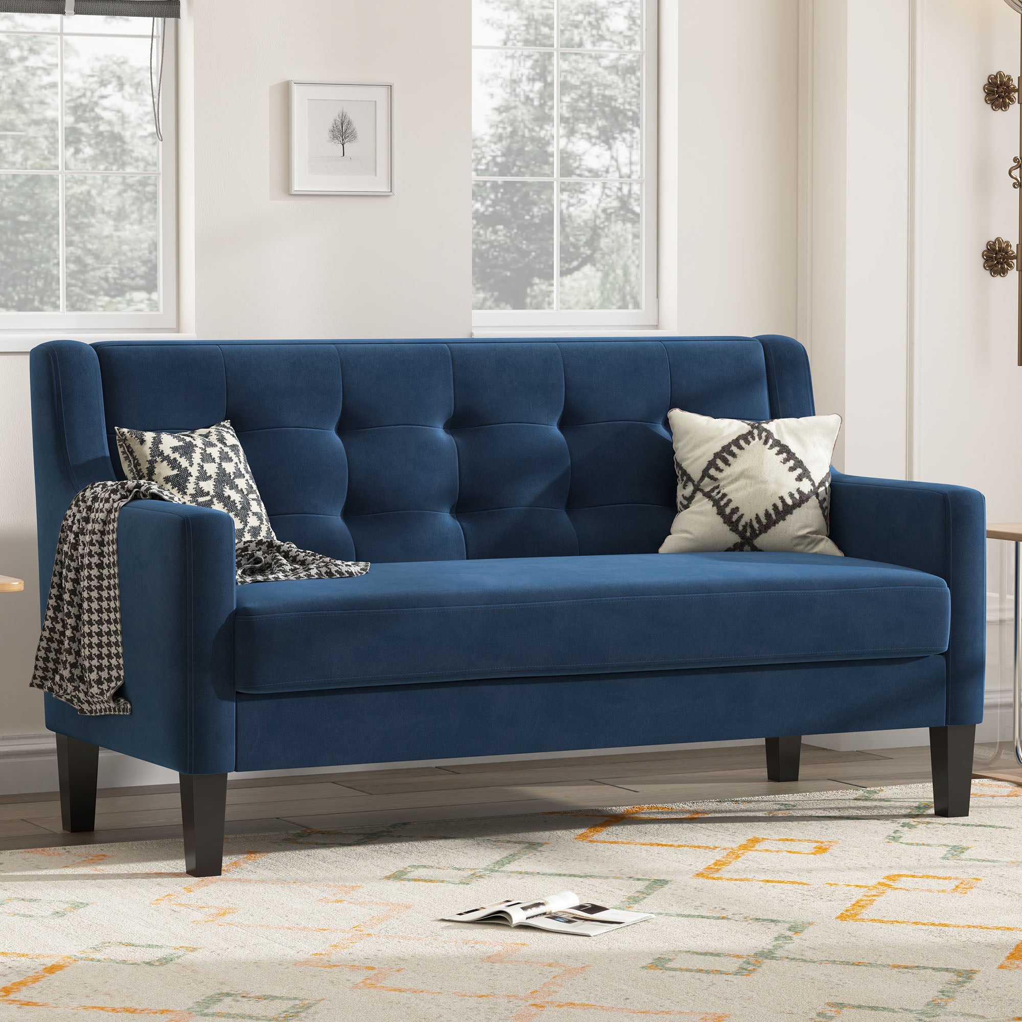 HONBAY Dark Blue Velvet Small Size Loveseat Sofa Couch for Living Room