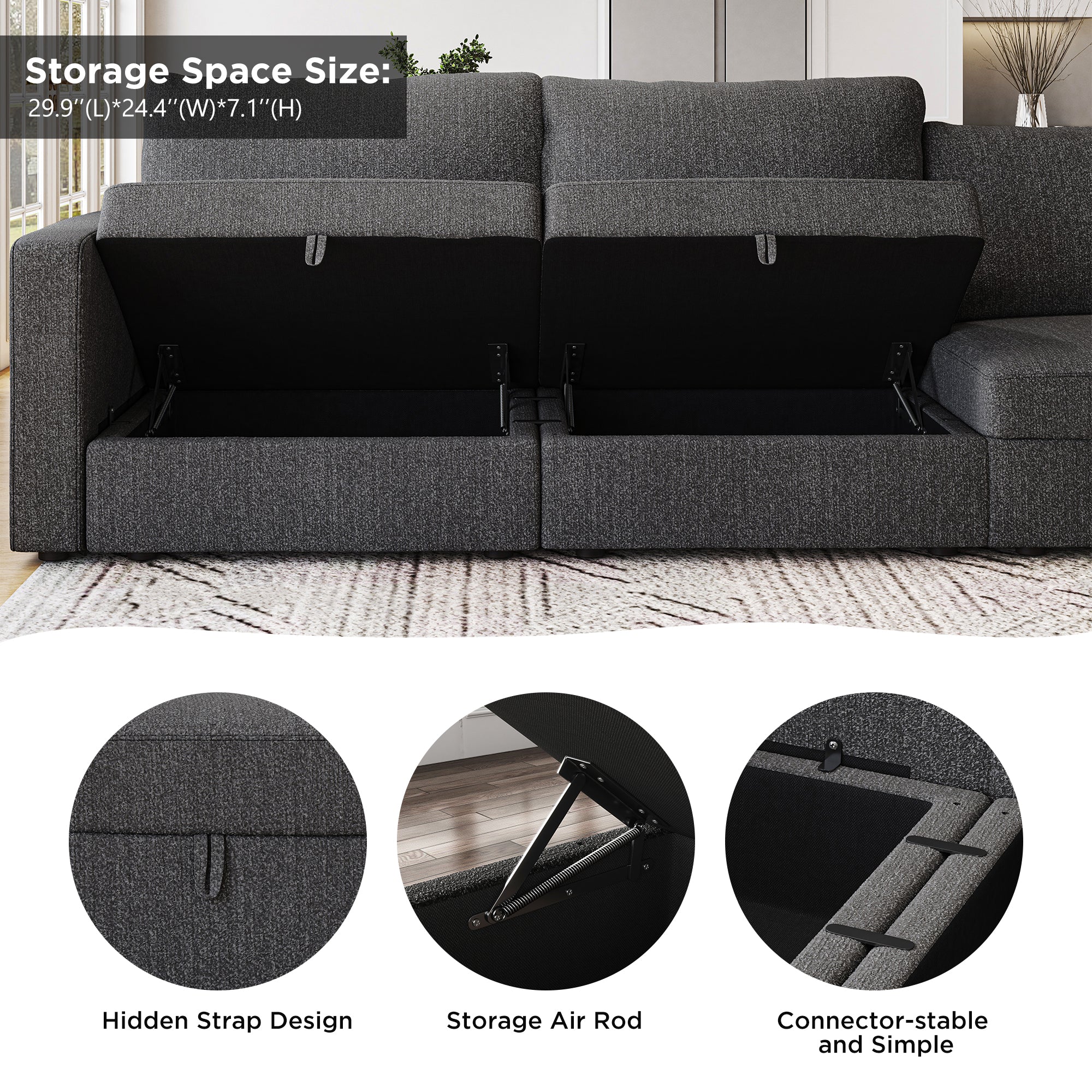 Couch with store hidden ottoman