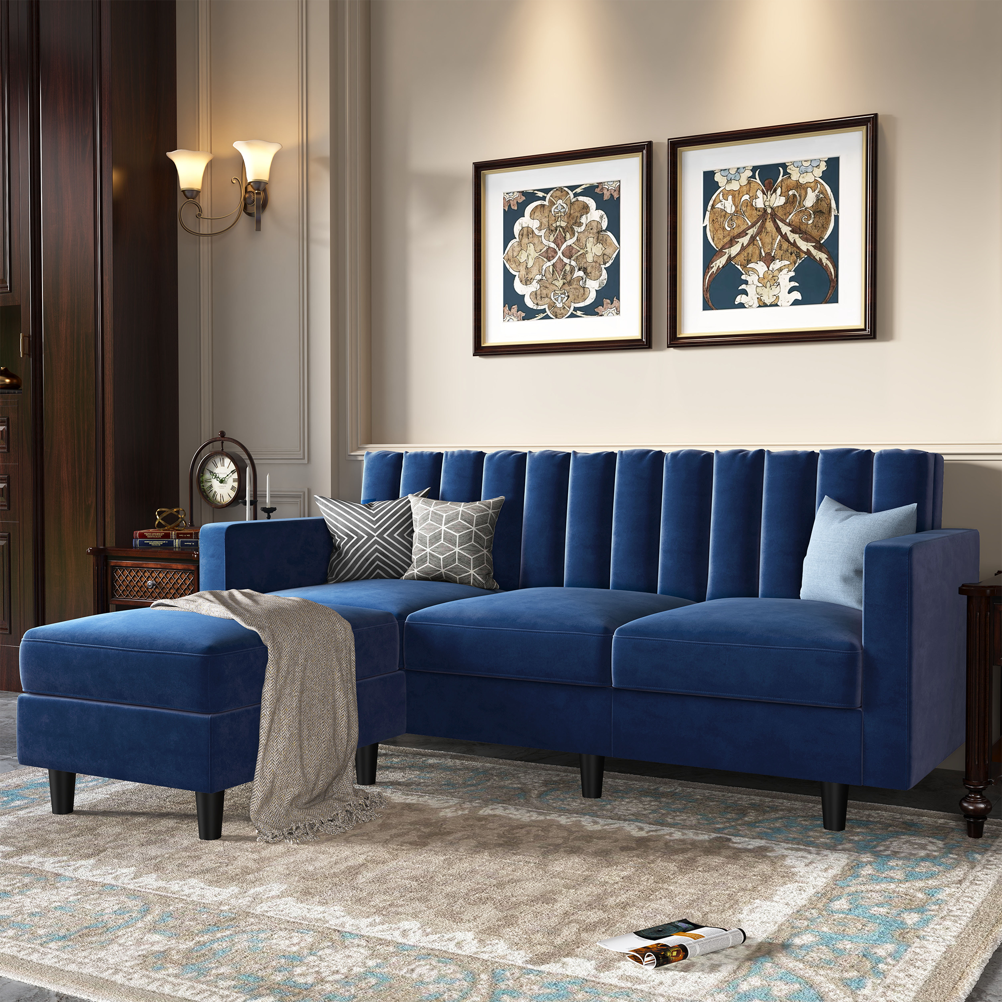 HONBAY Dark Blue Velvet Channeled Sectional Sofa Couch with Convertible Chaise