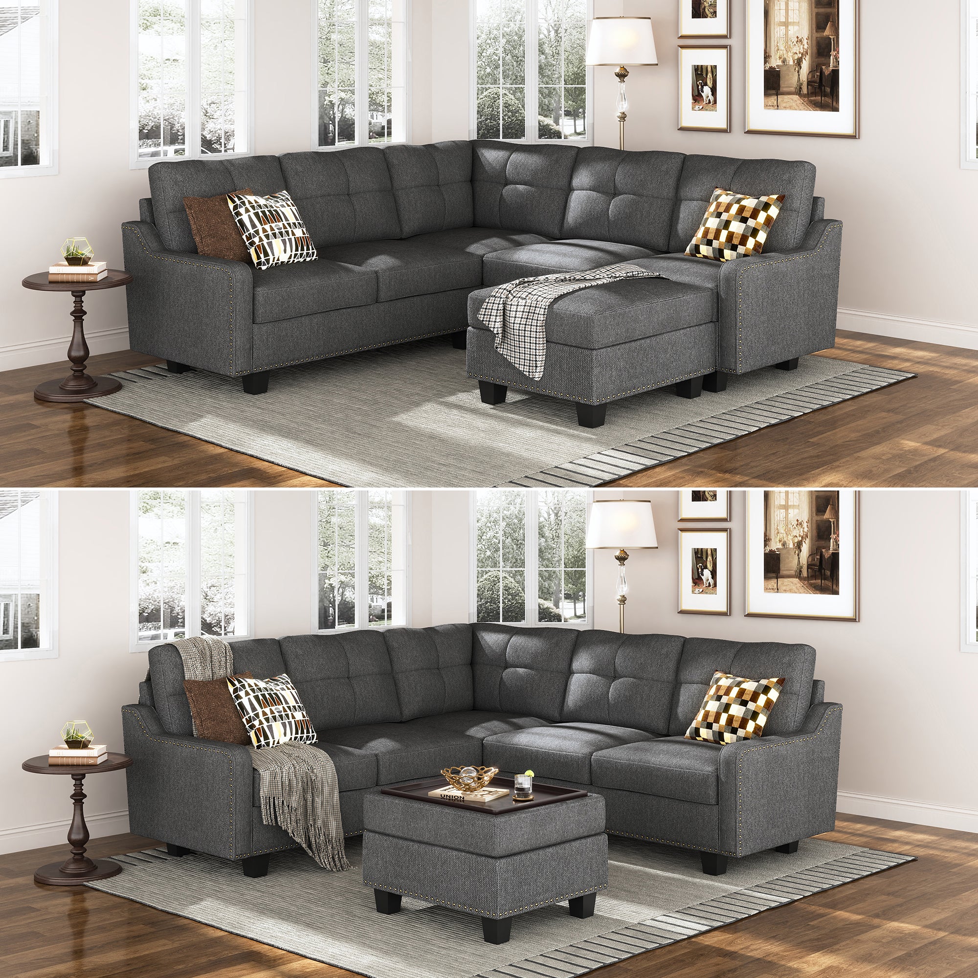 HONBAY Polyester Sectional Corner Sofa with Reversible Lid Storage Ottoman