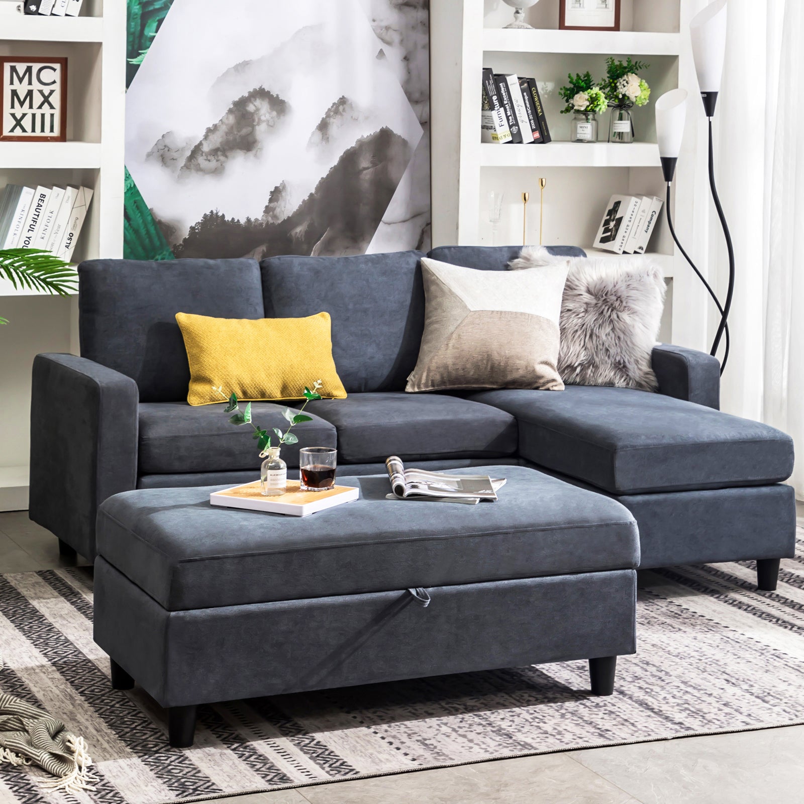 Honbay 3-Seat Sectional Sofa Couch with Ottoman in Living Room