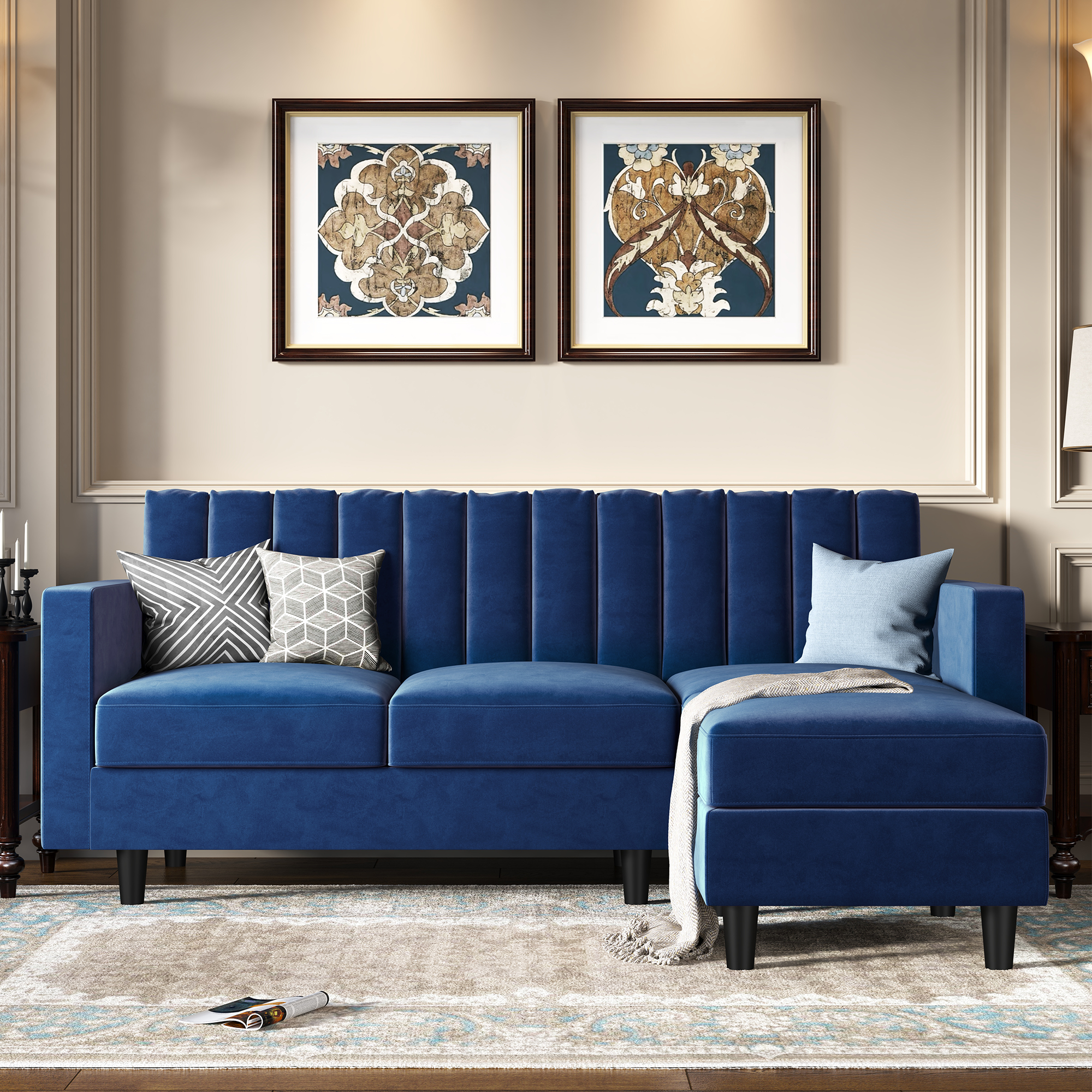 HONBAY Velvet 3-Seat L-Shaped Sectional Sofa with Tufted Back