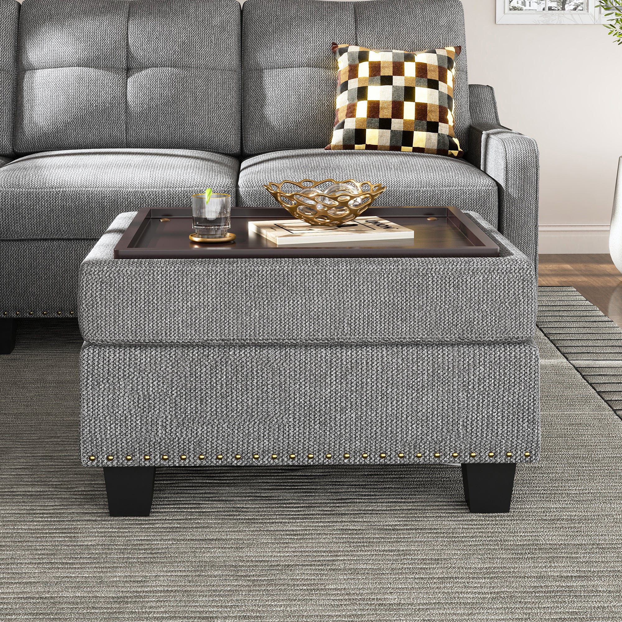 HONBAY 28.4" Wide Rectangle Storage Ottoman of Sectional Corner Sofa #Color_Light Grey