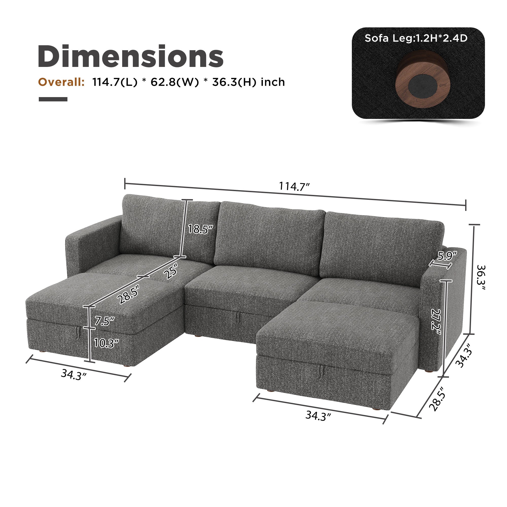 HONBAY 114.7" Wide Polyester 3 Seaters U-shaped Modular Sofa Couch
