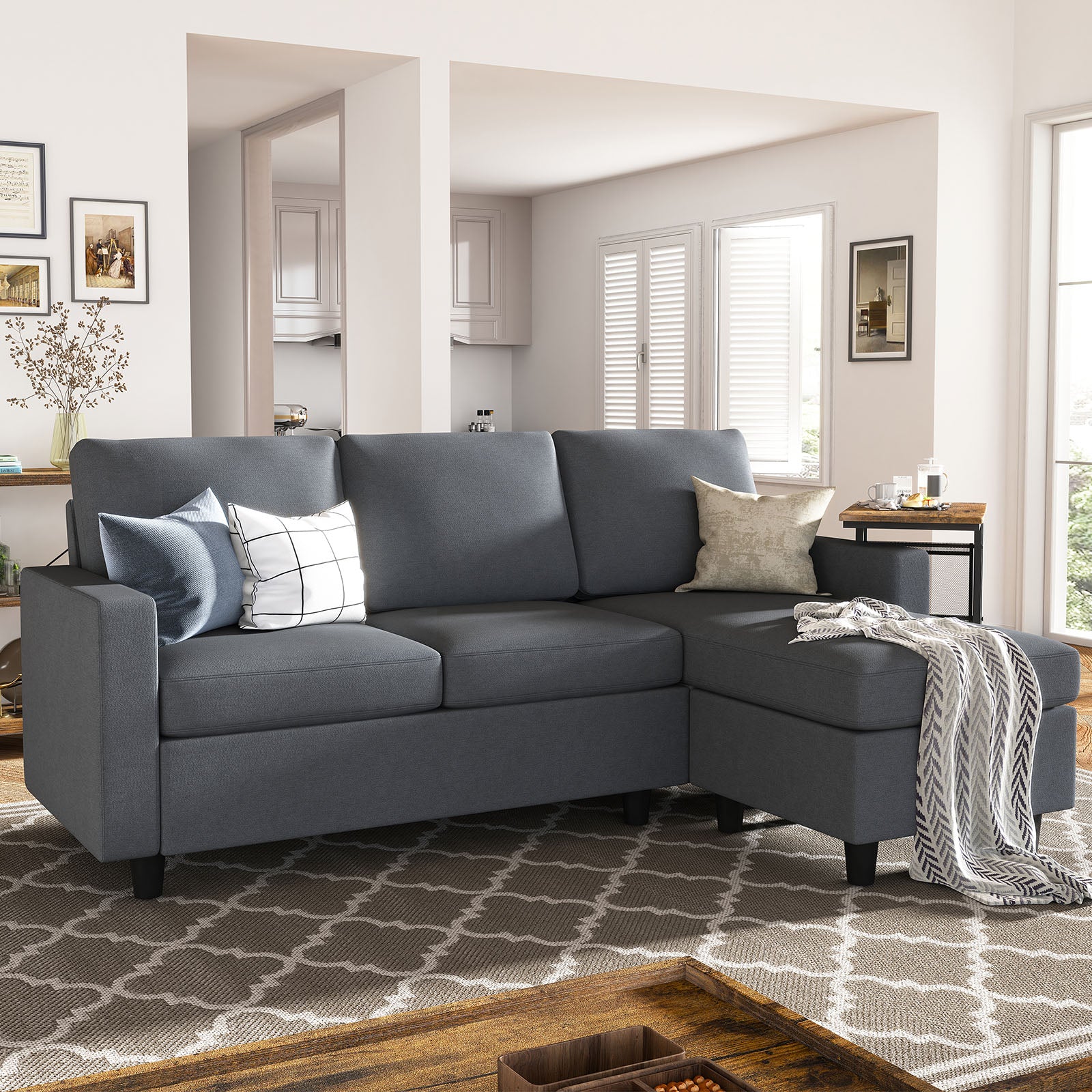 HONBAY Bluish Grey L Shaped Convertible Sectional Sofa