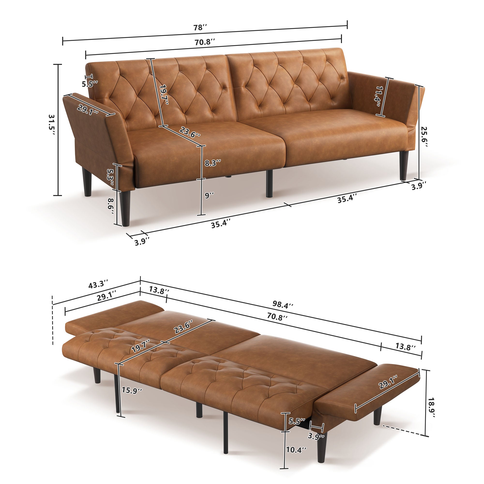 HONBAY 78" Wide PU Leather Futon Sleeper Sofa Bed