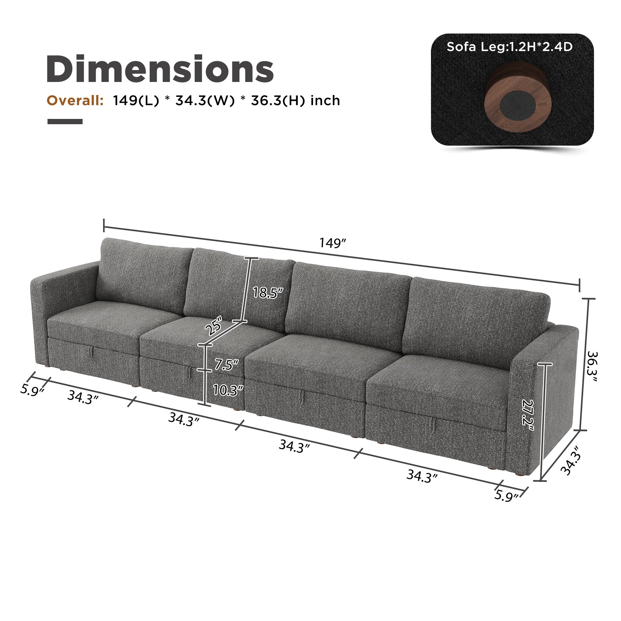 HONBAY 149" Wide Fabric 4 Seaters Modular Sectional Sofa