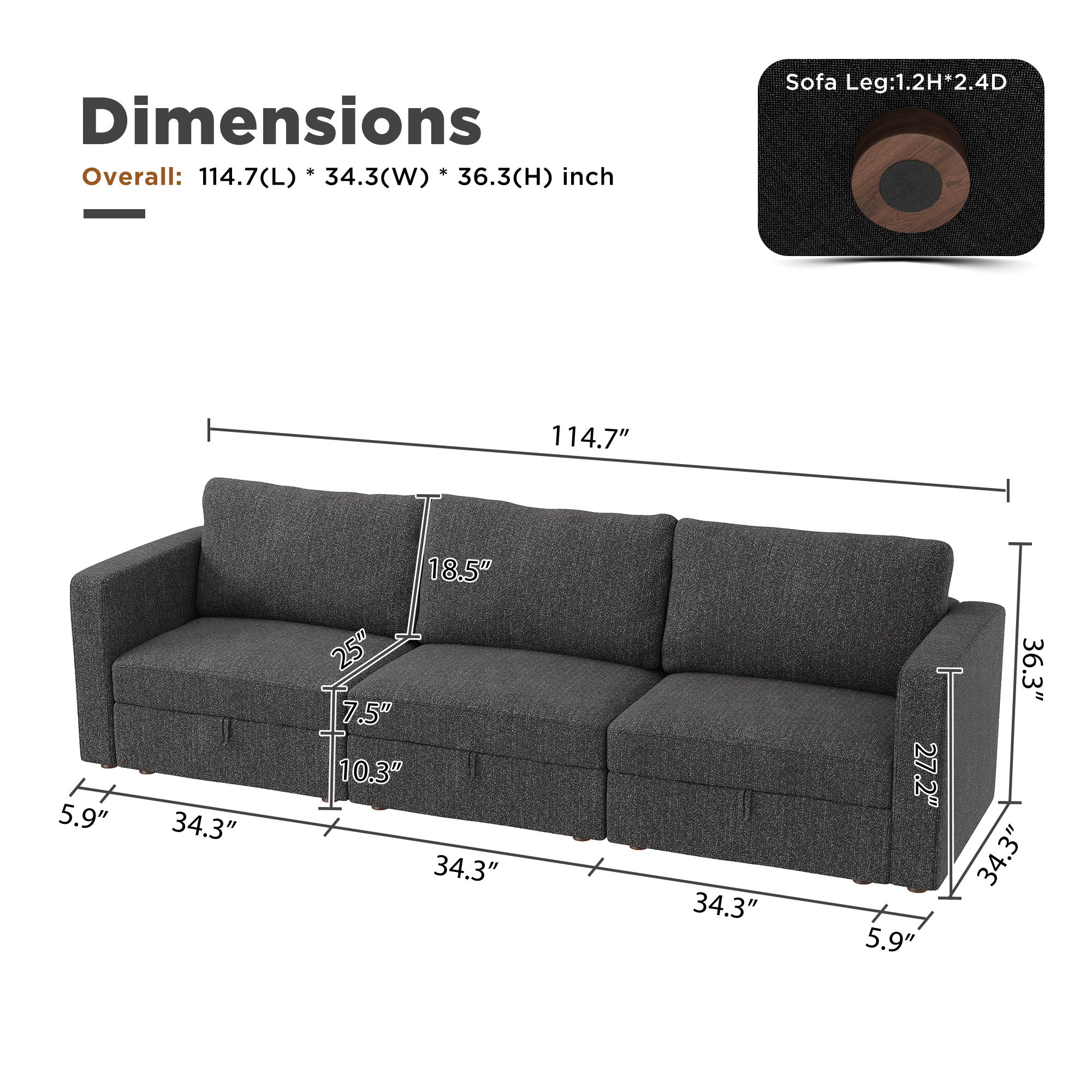 HONBAY 114.7" Wide 3 Seaters Modular Sectional Sofa