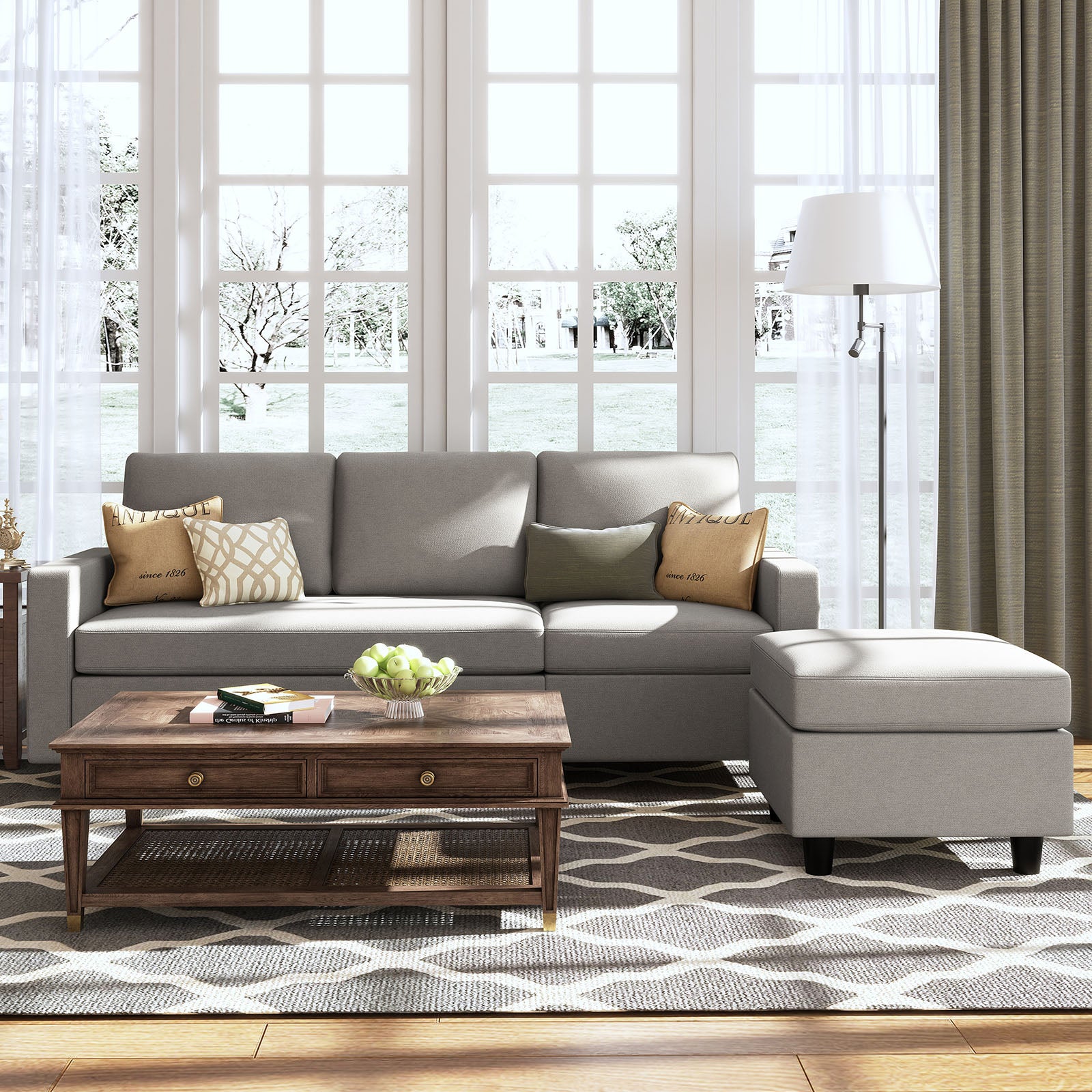 HONBAY Grey  L Shaped Convertible Sectional Sofa